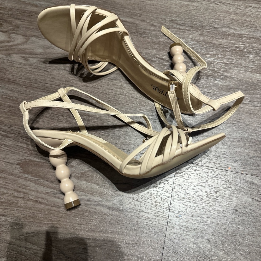JustFab Cream Strappy Heels with Beaded Heel